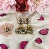 Vriksham Elegant Floral Kundan Jadau Jhumka-Red Green & White-White Gold & Aqua Green Pearls-J3210